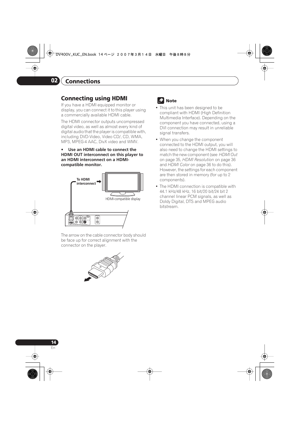 Connecting using hdmi, Connections 02 | Pioneer DV-400V-S User Manual | Page 14 / 52