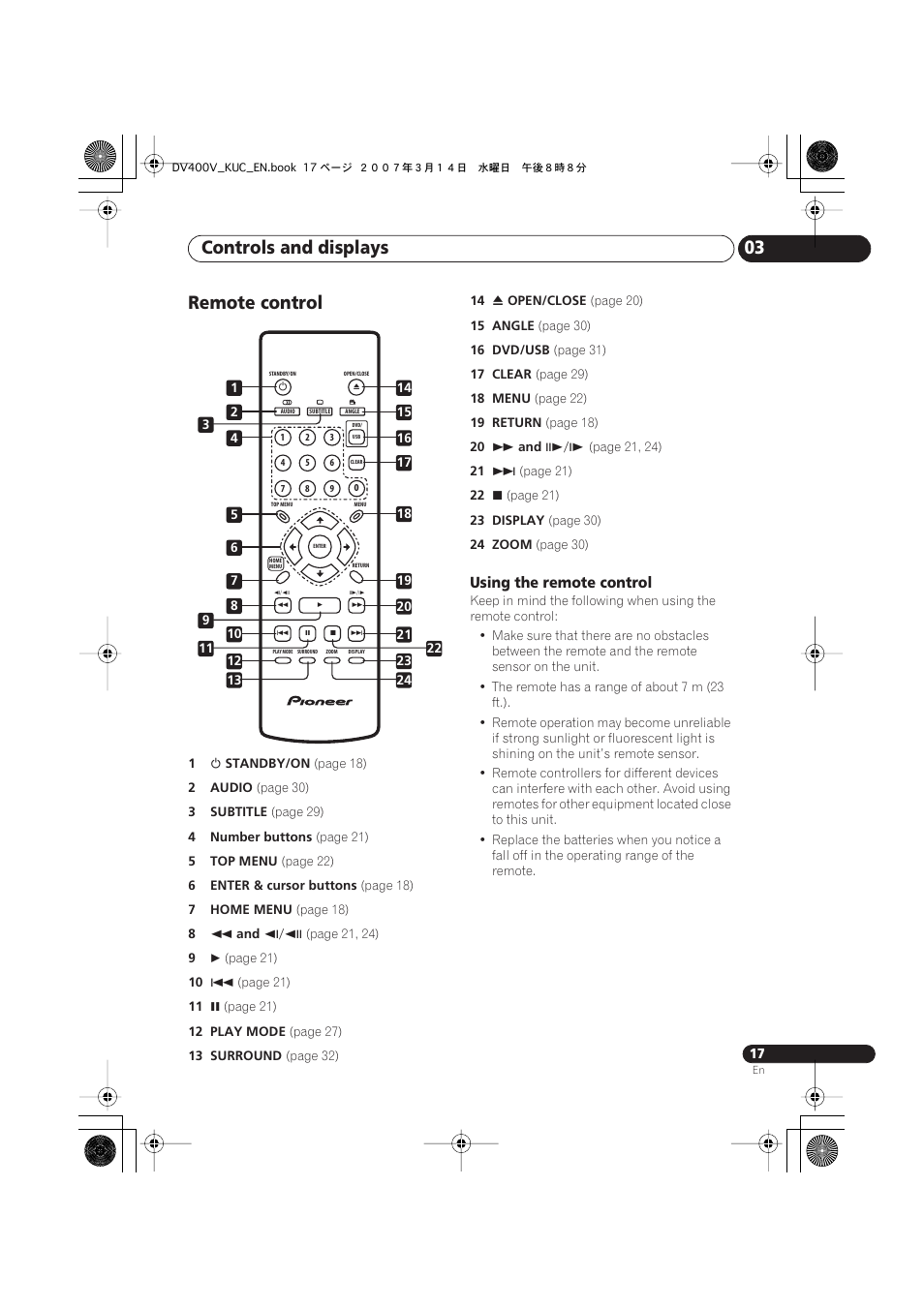 Remote control, Controls and displays 03 | Pioneer DV-400V-S User Manual | Page 17 / 52