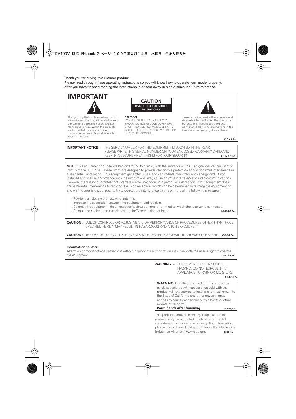 Important, Caution | Pioneer DV-400V-S User Manual | Page 2 / 52