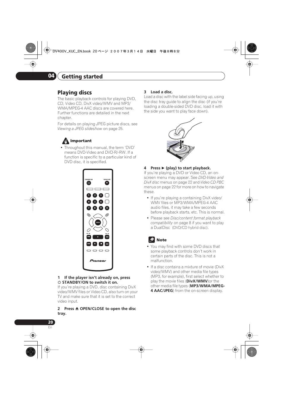 Playing discs, Getting started 04 | Pioneer DV-400V-S User Manual | Page 20 / 52