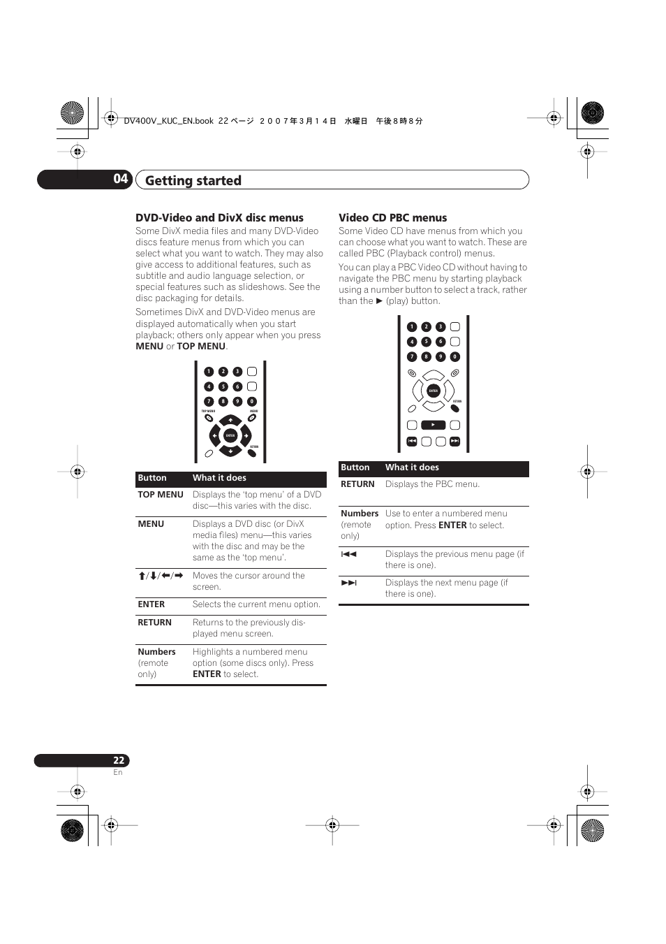 Getting started 04, Dvd-video and divx disc menus, Video cd pbc menus | Pioneer DV-400V-S User Manual | Page 22 / 52