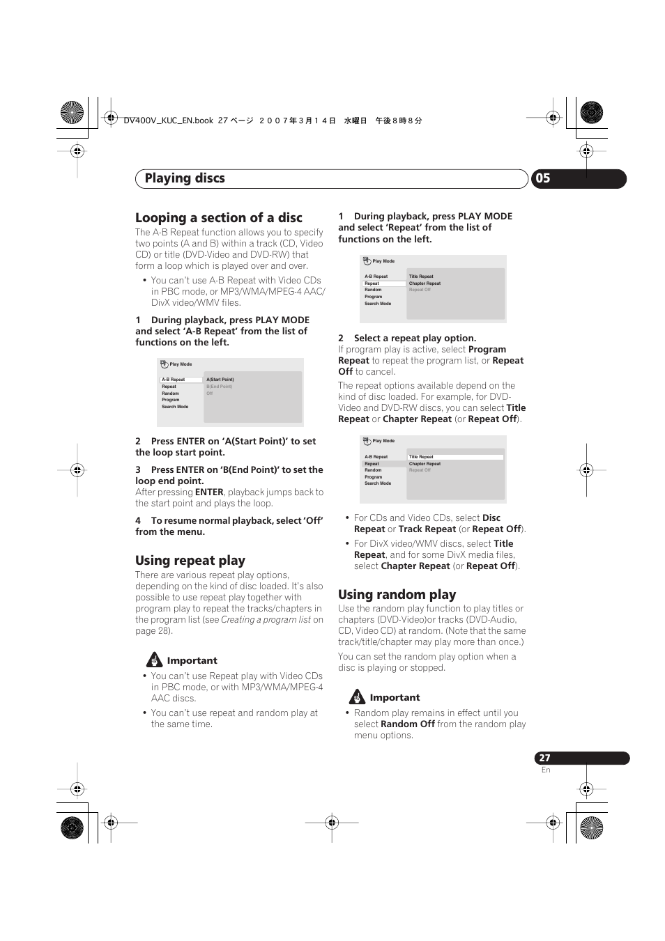 Looping a section of a disc, Using repeat play, Using random play | Playing discs 05 | Pioneer DV-400V-S User Manual | Page 27 / 52