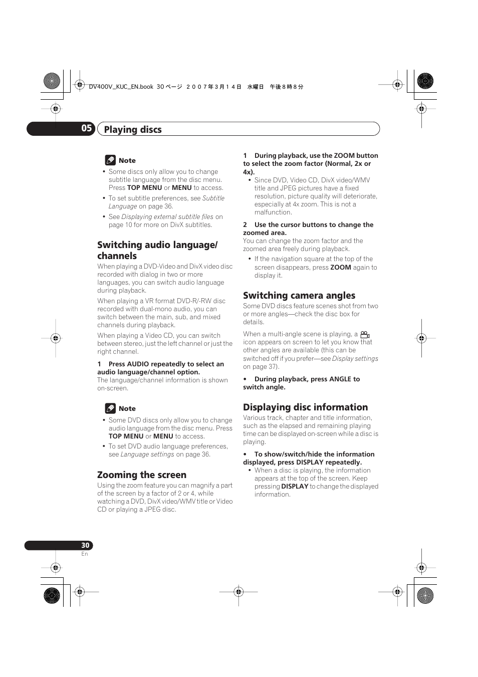 Switching audio language/channels, Zooming the screen, Switching camera angles | Displaying disc information, Playing discs 05, Switching audio language/ channels | Pioneer DV-400V-S User Manual | Page 30 / 52