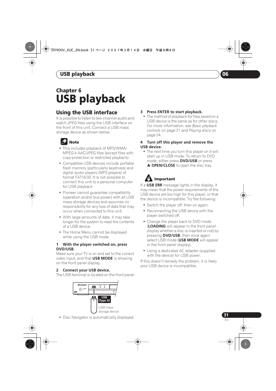 06 usb playback, Using the usb interface, Usb playback | Usb playback 06, Chapter 6 | Pioneer DV-400V-S User Manual | Page 31 / 52