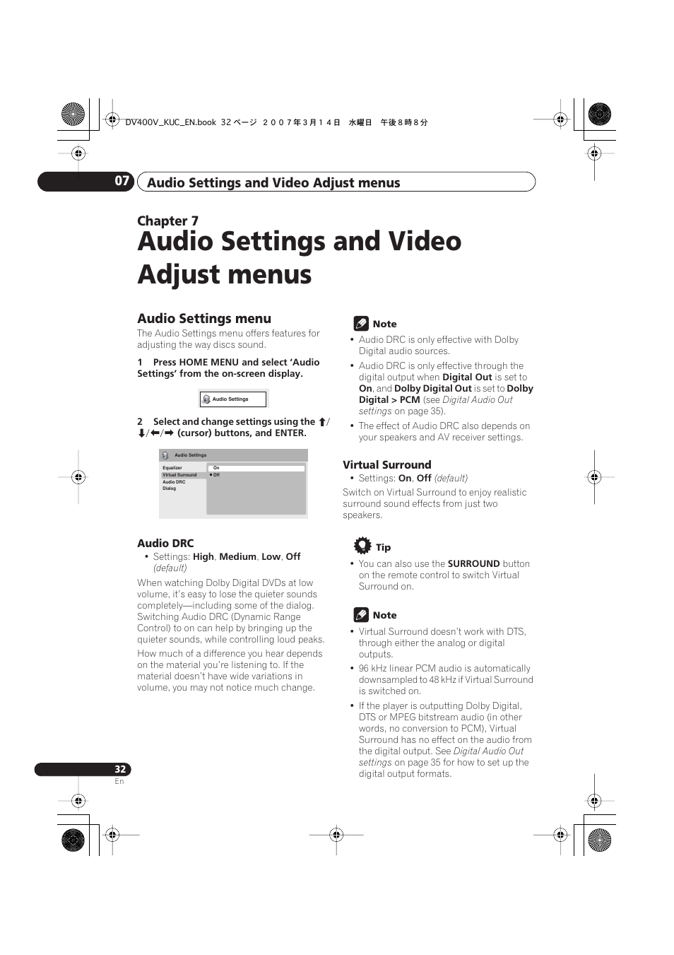 07 audio settings and video adjust menus, Audio settings menu, Audio settings and video adjust menus | Audio settings and video adjust menus 07, Chapter 7 | Pioneer DV-400V-S User Manual | Page 32 / 52