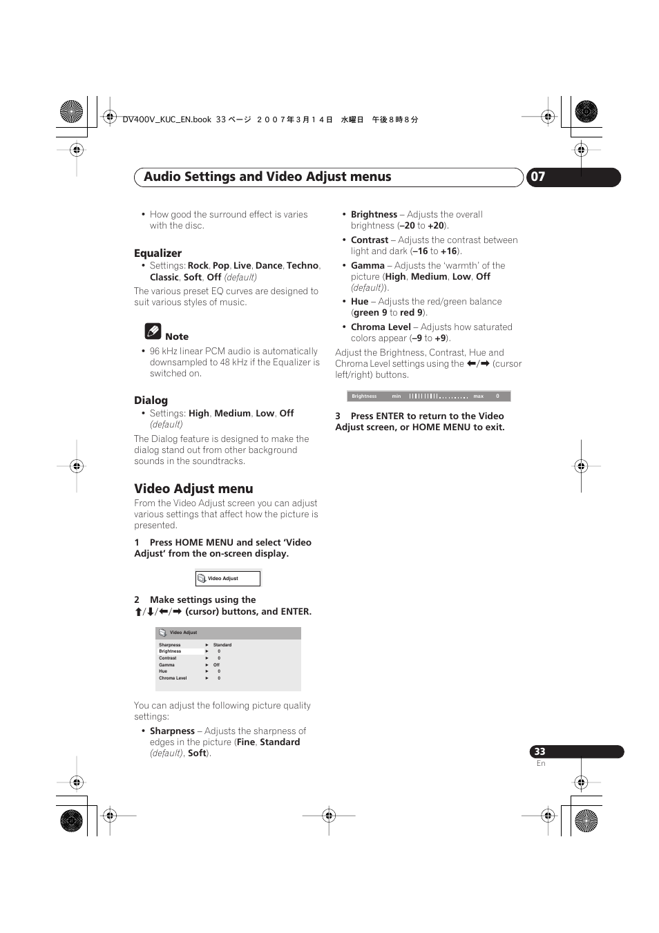 Video adjust menu, Audio settings and video adjust menus 07 | Pioneer DV-400V-S User Manual | Page 33 / 52