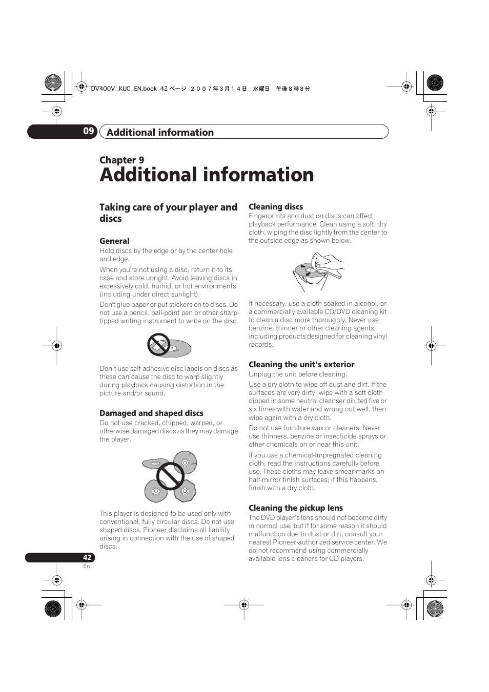 09 additional information, Taking care of your player and discs, Additional information | Additional information 09, Chapter 9 | Pioneer DV-400V-S User Manual | Page 42 / 52