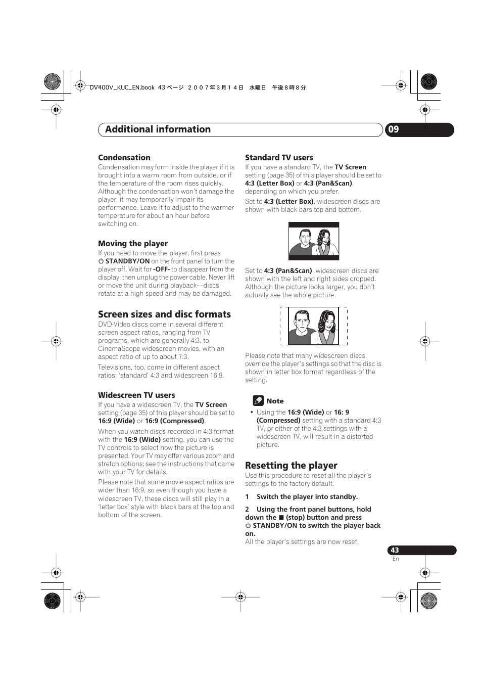 Screen sizes and disc formats, Resetting the player, Additional information 09 | Pioneer DV-400V-S User Manual | Page 43 / 52