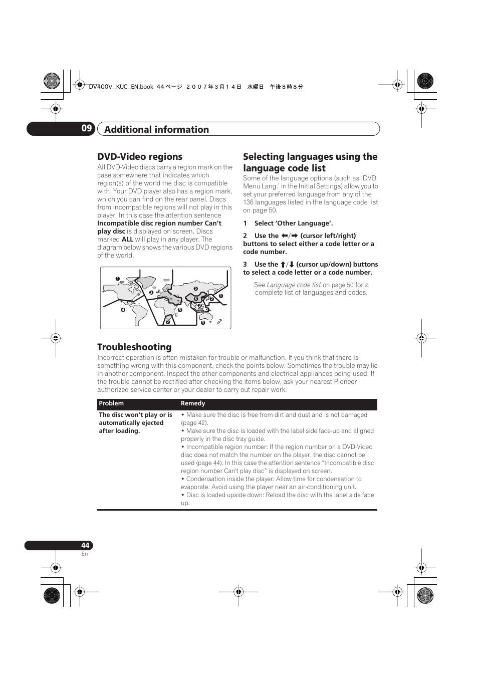 Dvd-video regions, Selecting languages using the language code list, Troubleshooting | Additional information 09 | Pioneer DV-400V-S User Manual | Page 44 / 52