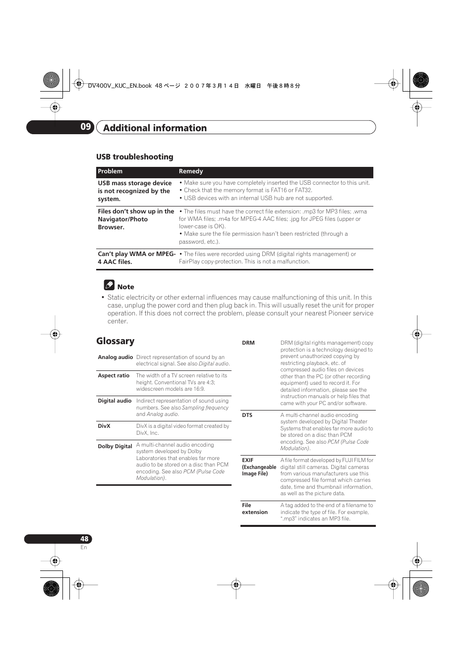 Glossary, Additional information 09, Usb troubleshooting | Pioneer DV-400V-S User Manual | Page 48 / 52
