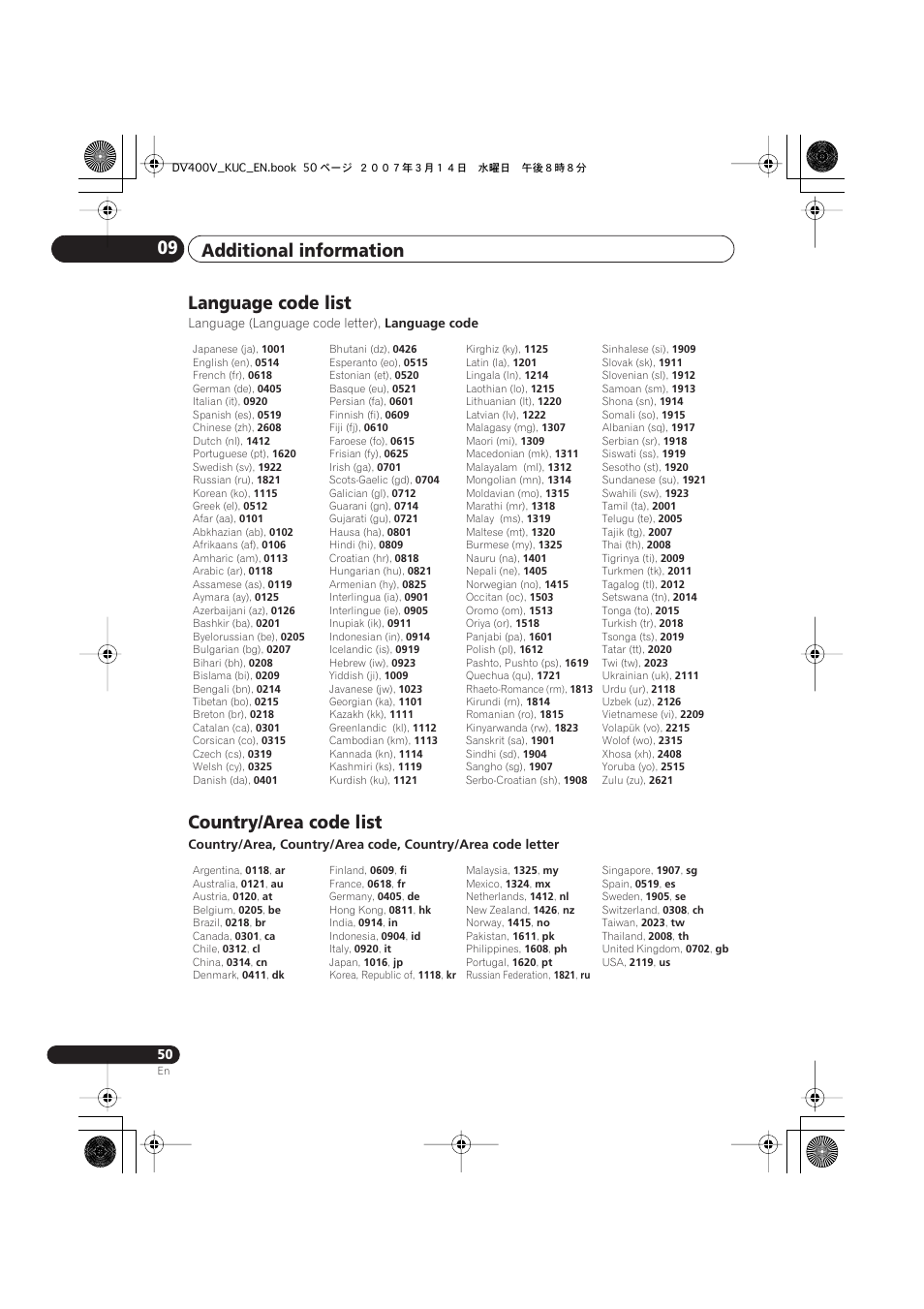 Language code list, Country/area code list, Additional information 09 | Pioneer DV-400V-S User Manual | Page 50 / 52