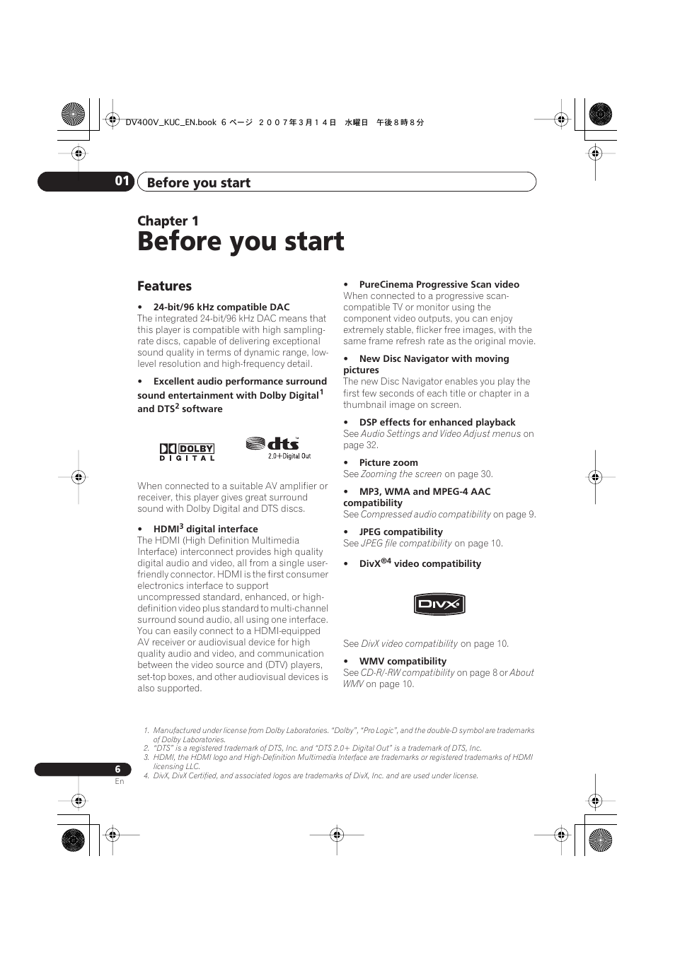 01 before you start, Features, Before you start | Before you start 01, Chapter 1 | Pioneer DV-400V-S User Manual | Page 6 / 52