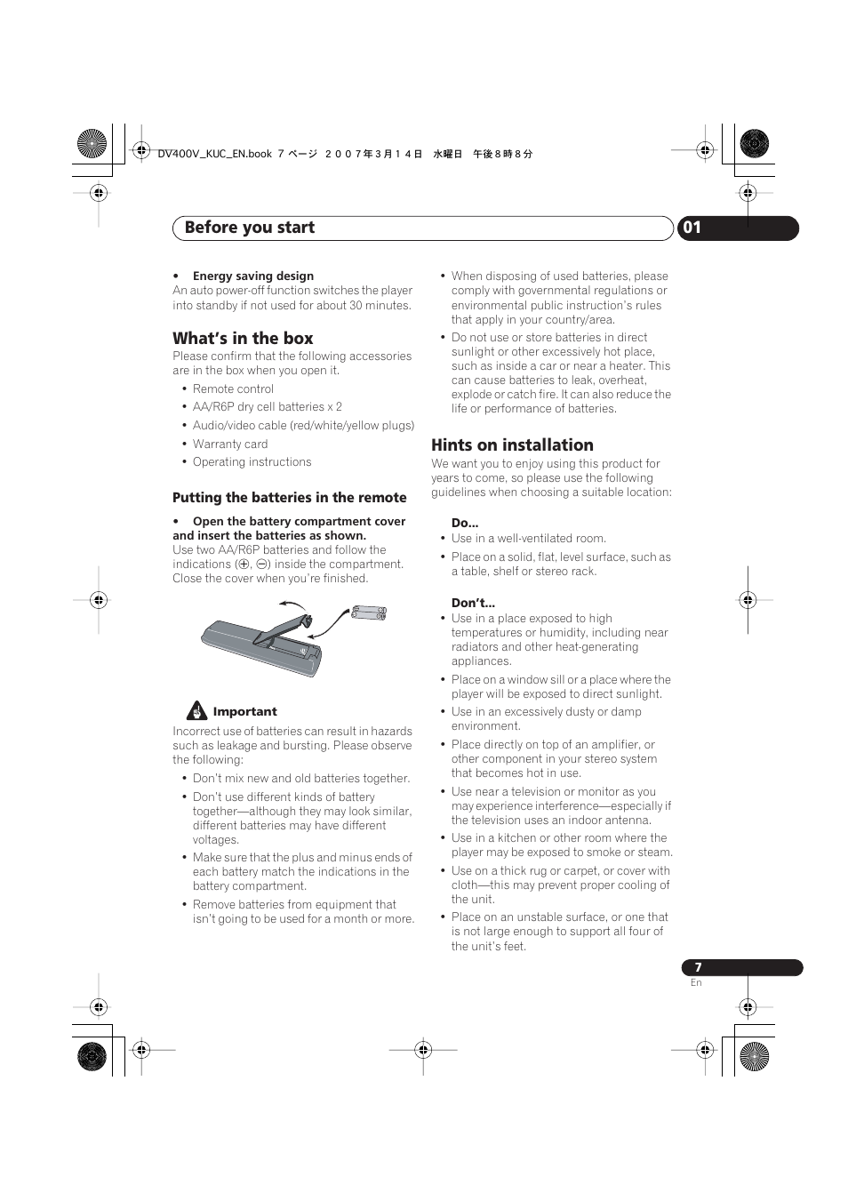 What’s in the box, Hints on installation, Before you start 01 | Pioneer DV-400V-S User Manual | Page 7 / 52
