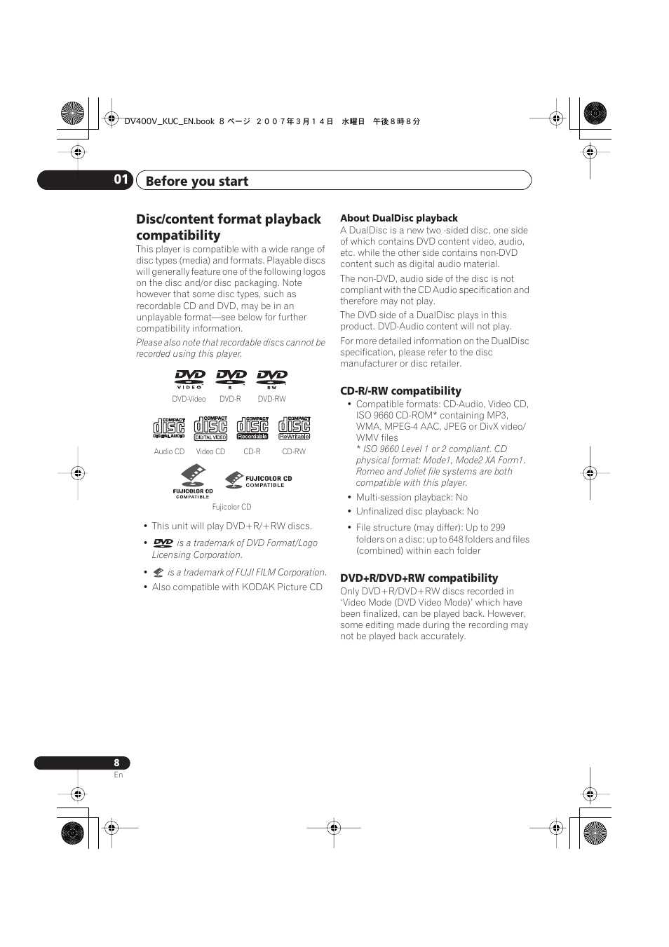 Disc/content format playback compatibility, Before you start 01 | Pioneer DV-400V-S User Manual | Page 8 / 52
