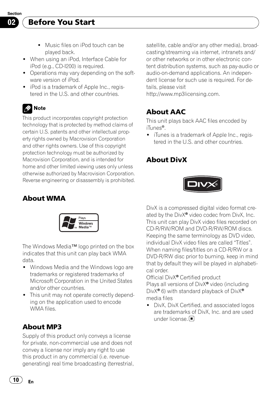 About wma 10, About mp3 10, About aac 10 | About divx 10, Before you start, About wma, About mp3, About aac, About divx | Pioneer Super Tuner III D AVH-P4050DVD User Manual | Page 10 / 96