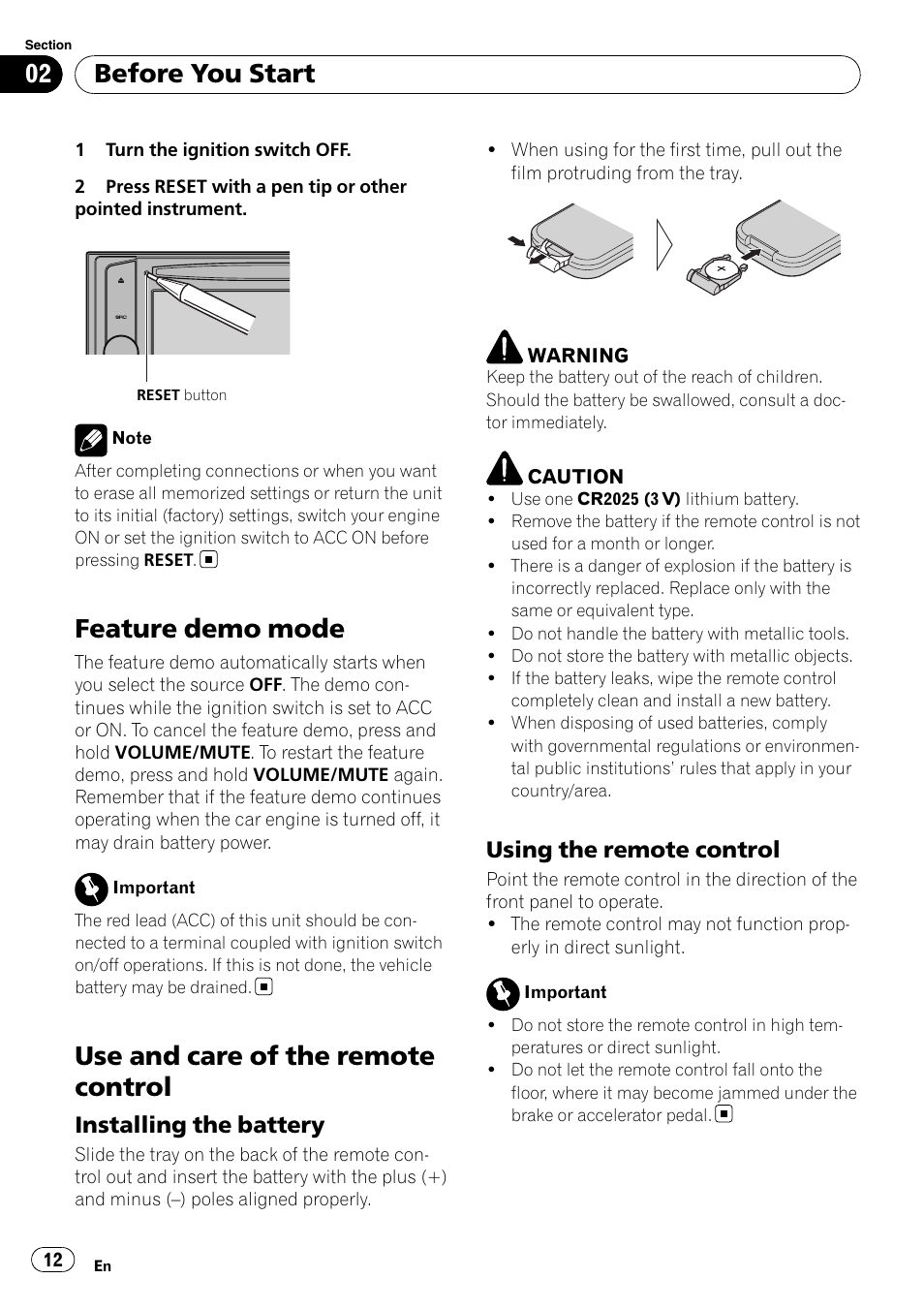 Feature demo mode, Use and care of the remote control, Installing the battery 12 | Using the remote control 12, Before you start, Installing the battery, Using the remote control | Pioneer Super Tuner III D AVH-P4050DVD User Manual | Page 12 / 96