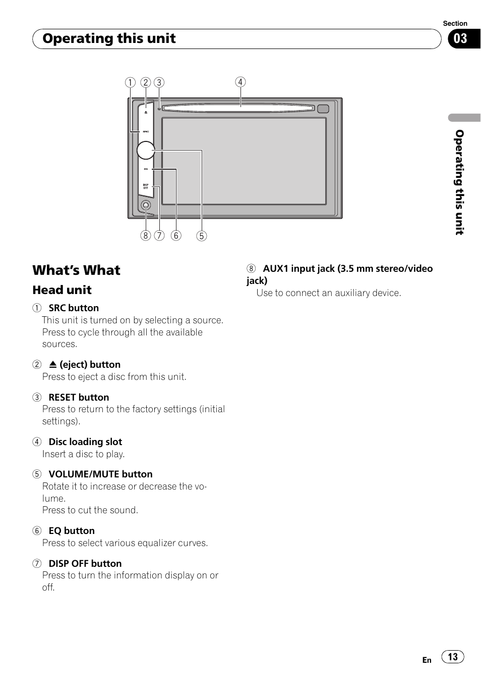 Operating this unit what, S what 13, Head unit 13 | What ’s what, Operating this unit | Pioneer Super Tuner III D AVH-P4050DVD User Manual | Page 13 / 96