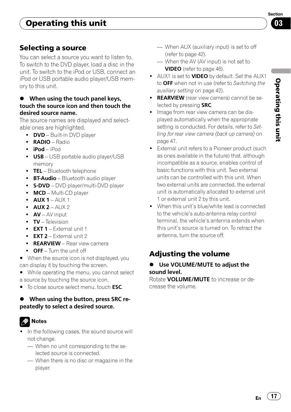 Selecting a source 17, Adjusting the volume 17, Operating this unit | Selecting a source, Adjusting the volume | Pioneer Super Tuner III D AVH-P4050DVD User Manual | Page 17 / 96