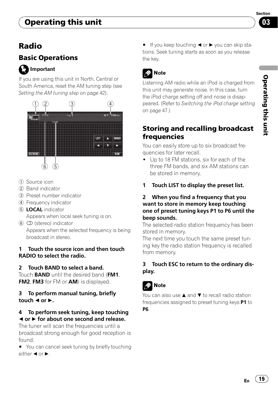 Radio, Basic operations 19, Storing and recalling broadcast | Frequencies, Operating this unit | Pioneer Super Tuner III D AVH-P4050DVD User Manual | Page 19 / 96