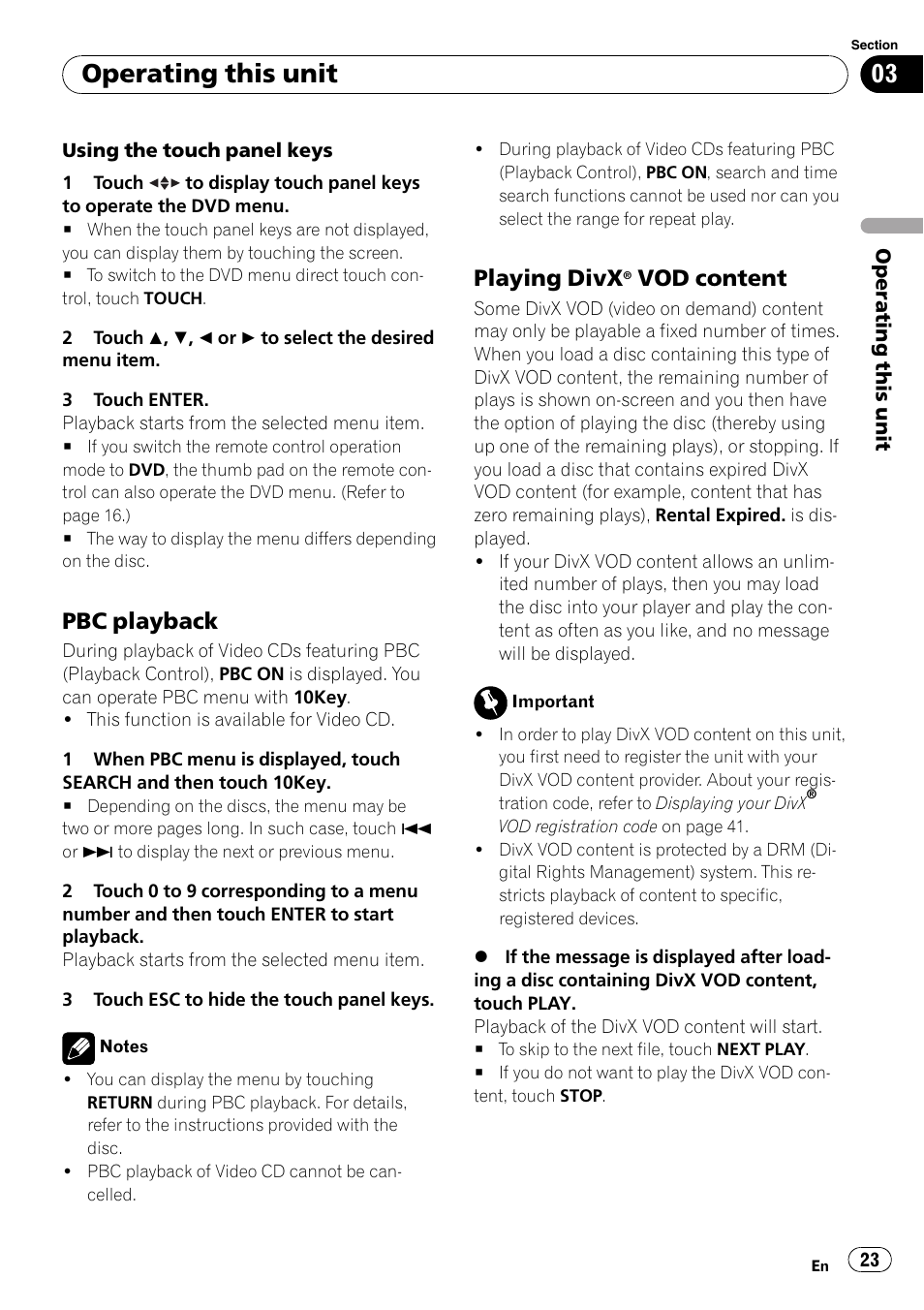 Pbc playback 23, Playing divx® vod content 23, Operating this unit | Pbc playback, Playing divx, Vod content | Pioneer Super Tuner III D AVH-P4050DVD User Manual | Page 23 / 96