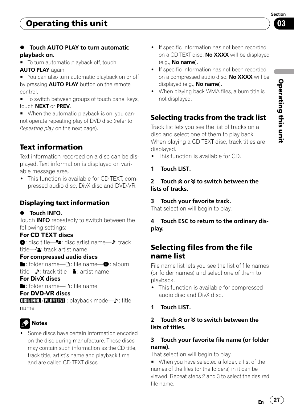 Text information 27, Selecting tracks from the track list 27, Selecting files from the file name | List, Operating this unit, Text information, Selecting tracks from the track list, Selecting files from the file name list | Pioneer Super Tuner III D AVH-P4050DVD User Manual | Page 27 / 96
