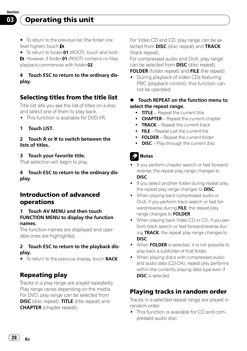 Selecting titles from the title list 28, Introduction of advanced, Operations | Repeating play 28, Playing tracks in random order 28, Operating this unit, Selecting titles from the title list, Introduction of advanced operations, Repeating play, Playing tracks in random order | Pioneer Super Tuner III D AVH-P4050DVD User Manual | Page 28 / 96