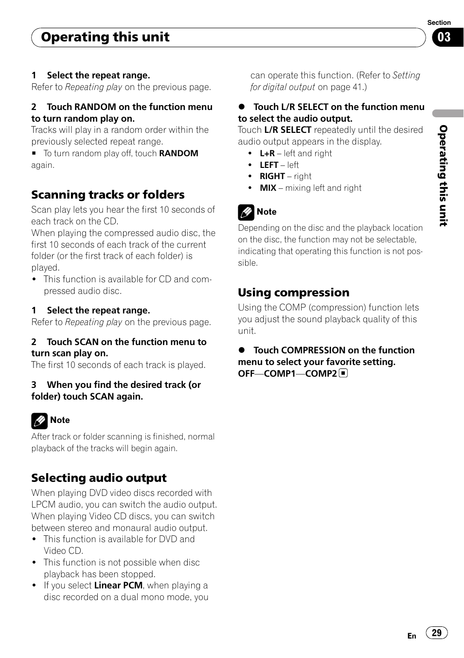 Scanning tracks or folders 29, Selecting audio output 29, Using compression 29 | Operating this unit, Scanning tracks or folders, Selecting audio output, Using compression | Pioneer Super Tuner III D AVH-P4050DVD User Manual | Page 29 / 96