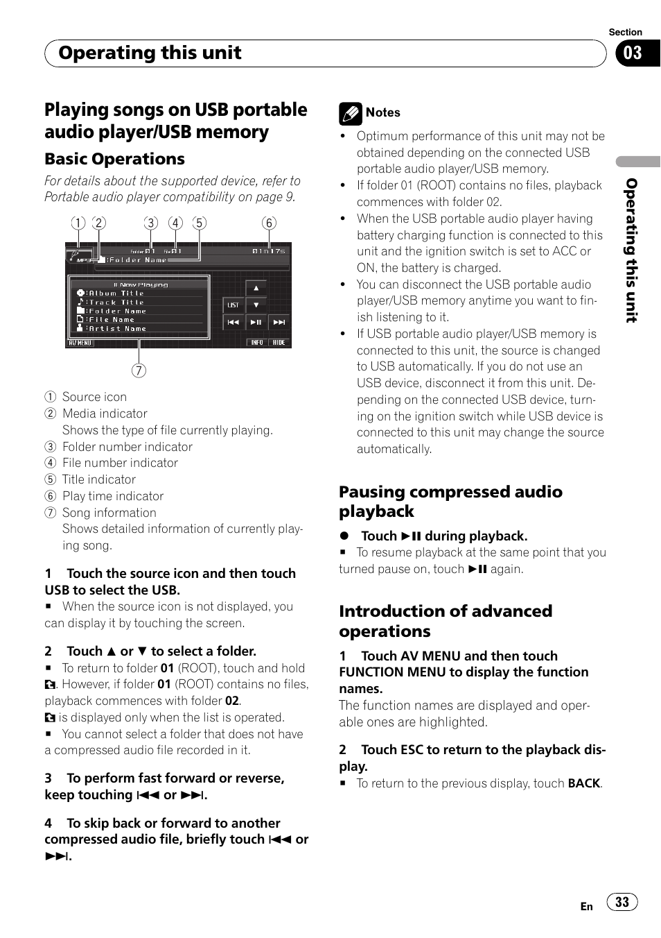 Playing songs on usb portable audio player, Usb memory, Basic operations 33 | Pausing compressed audio, Playback, Introduction of advanced, Operations, Operating this unit | Pioneer Super Tuner III D AVH-P4050DVD User Manual | Page 33 / 96