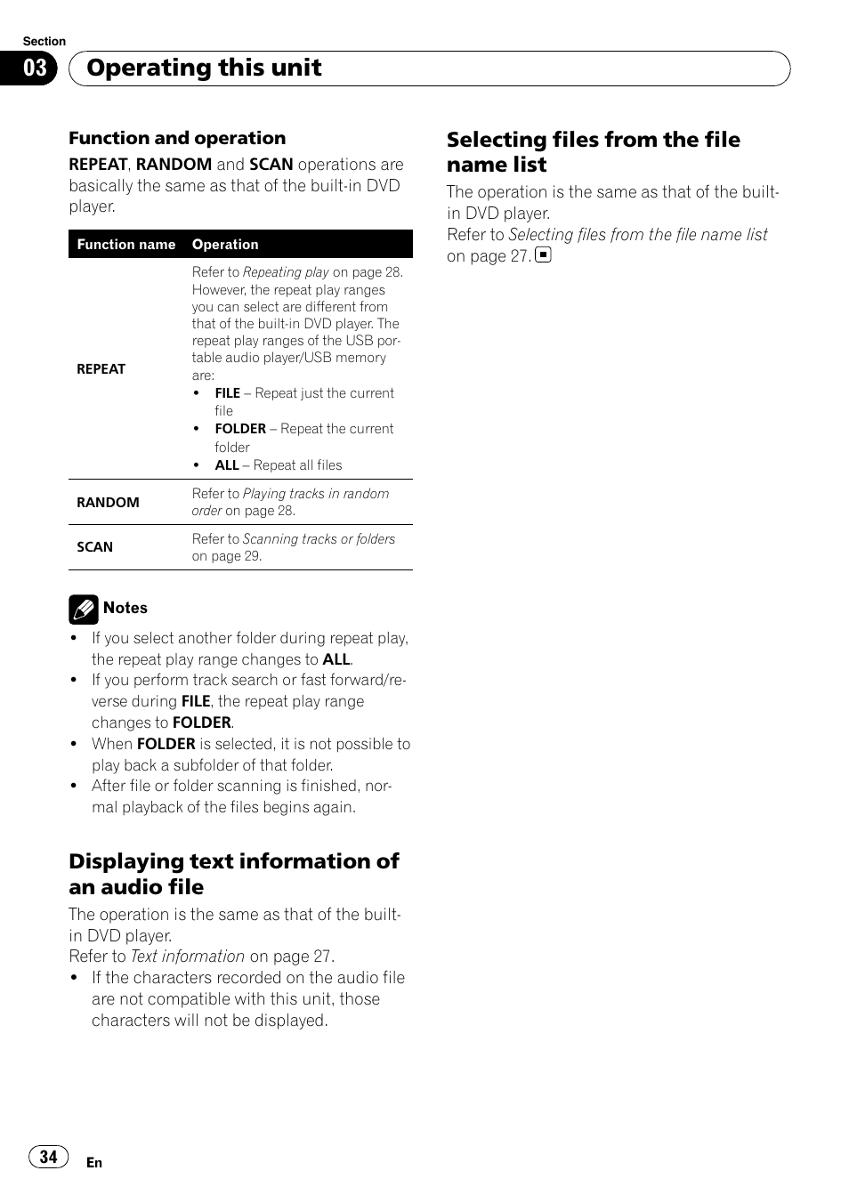Displaying text information of an audio, File, Selecting files from the file name | List, Operating this unit, Displaying text information of an audio file, Selecting files from the file name list | Pioneer Super Tuner III D AVH-P4050DVD User Manual | Page 34 / 96