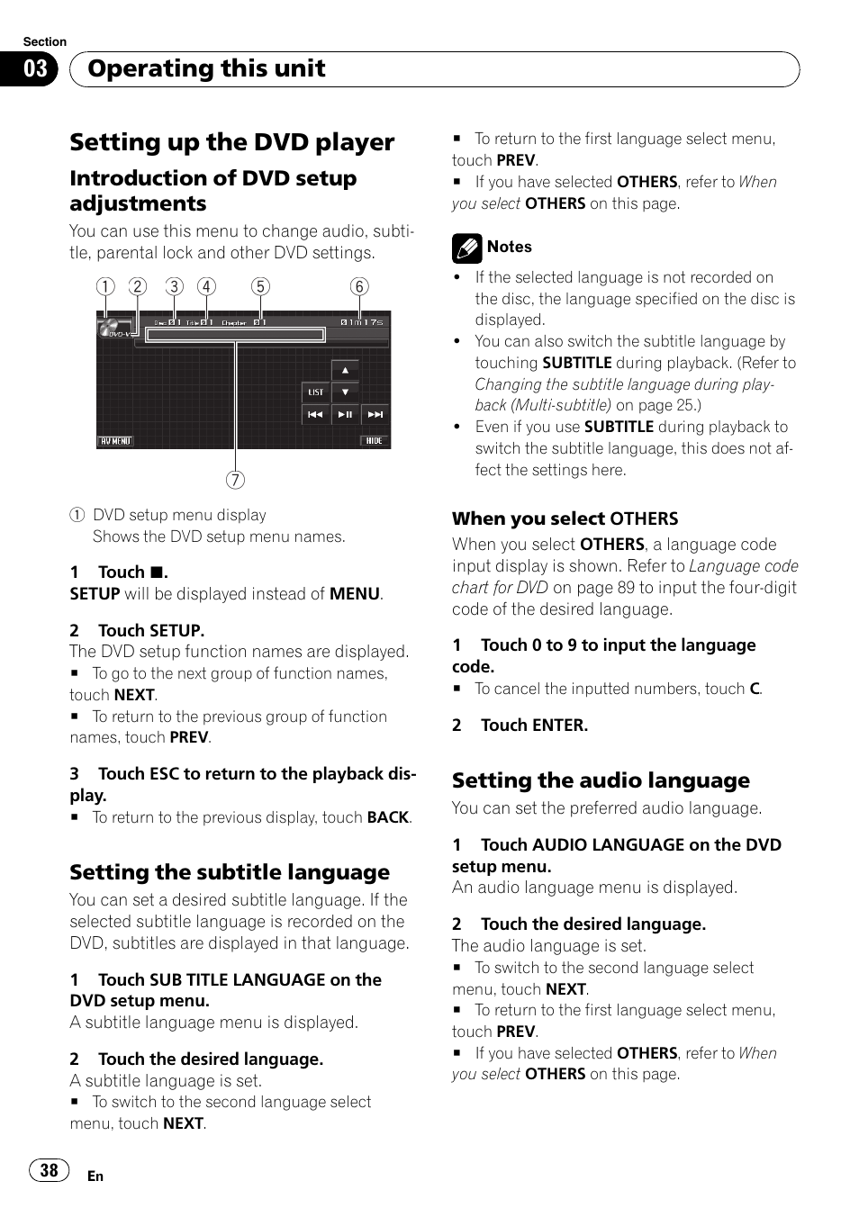 Setting up the dvd player, Introduction of dvd setup, Adjustments | Setting the subtitle language 38, Setting the audio language 38, Operating this unit | Pioneer Super Tuner III D AVH-P4050DVD User Manual | Page 38 / 96