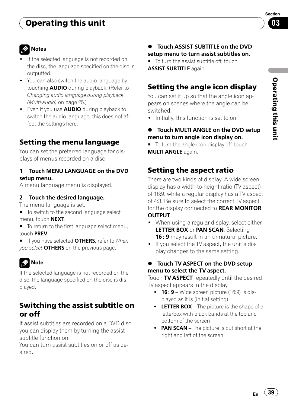 Setting the menu language 39, Switching the assist subtitle on or, Setting the angle icon display 39 | Setting the aspect ratio 39, Operating this unit, Setting the menu language, Switching the assist subtitle on or off, Setting the angle icon display, Setting the aspect ratio | Pioneer Super Tuner III D AVH-P4050DVD User Manual | Page 39 / 96