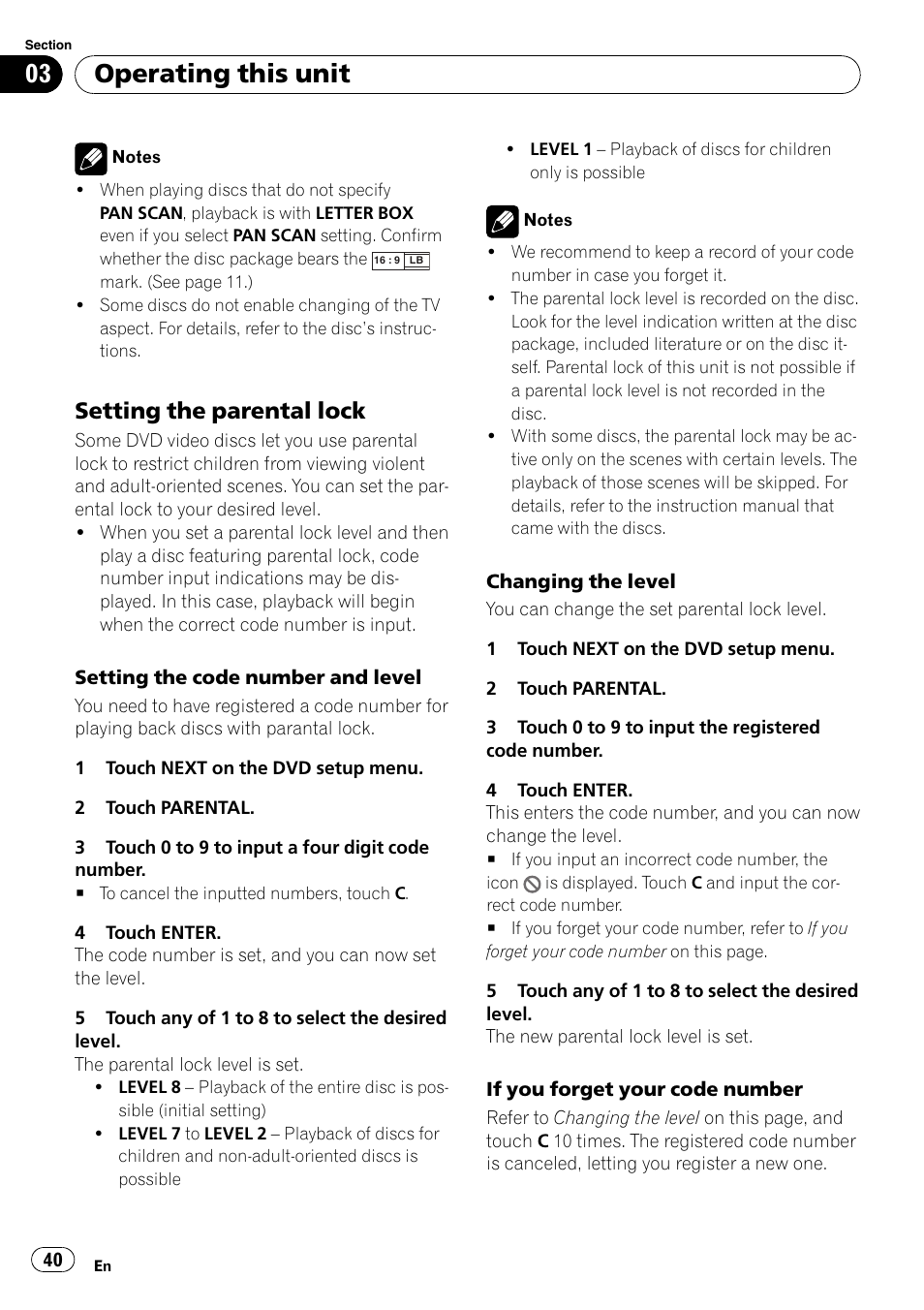 Setting the parental lock 40, Operating this unit, Setting the parental lock | Pioneer Super Tuner III D AVH-P4050DVD User Manual | Page 40 / 96