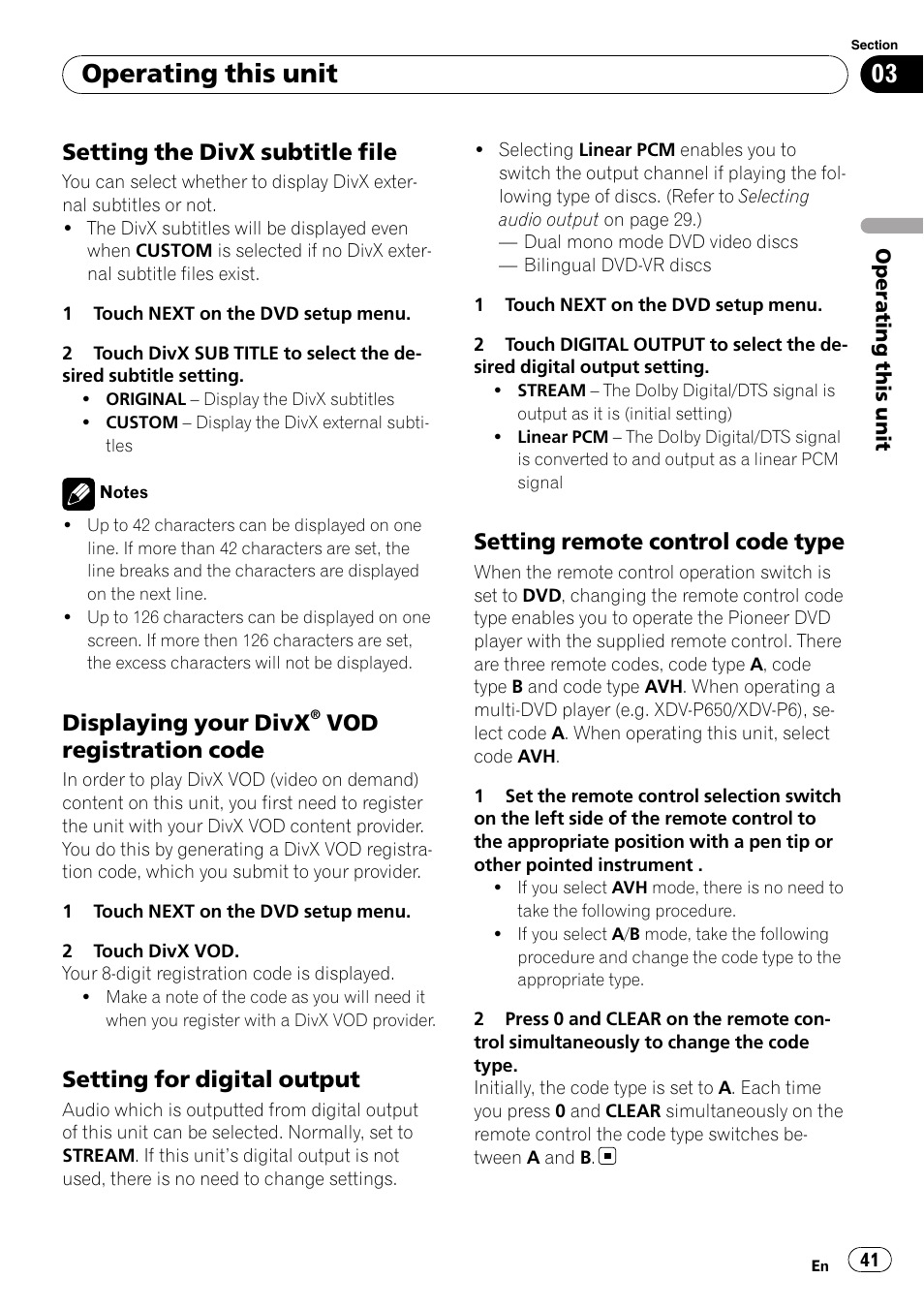 Setting the divx subtitle file 41, Displaying your divx® vod, Registration code | Setting for digital output 41, Setting remote control code type 41, Displaying your divx, Operating this unit, Setting the divx subtitle file, Vod registration code, Setting for digital output | Pioneer Super Tuner III D AVH-P4050DVD User Manual | Page 41 / 96