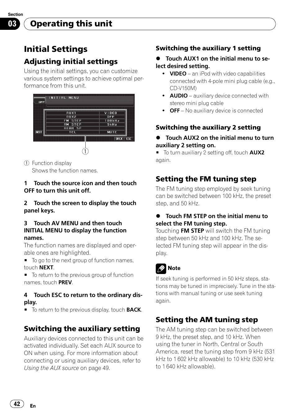 Initial settings, Adjusting initial settings 42, Switching the auxiliary setting 42 | Setting the fm tuning step 42, Setting the am tuning step 42, Switching the, Operating this unit, Adjusting initial settings, Switching the auxiliary setting, Setting the fm tuning step | Pioneer Super Tuner III D AVH-P4050DVD User Manual | Page 42 / 96