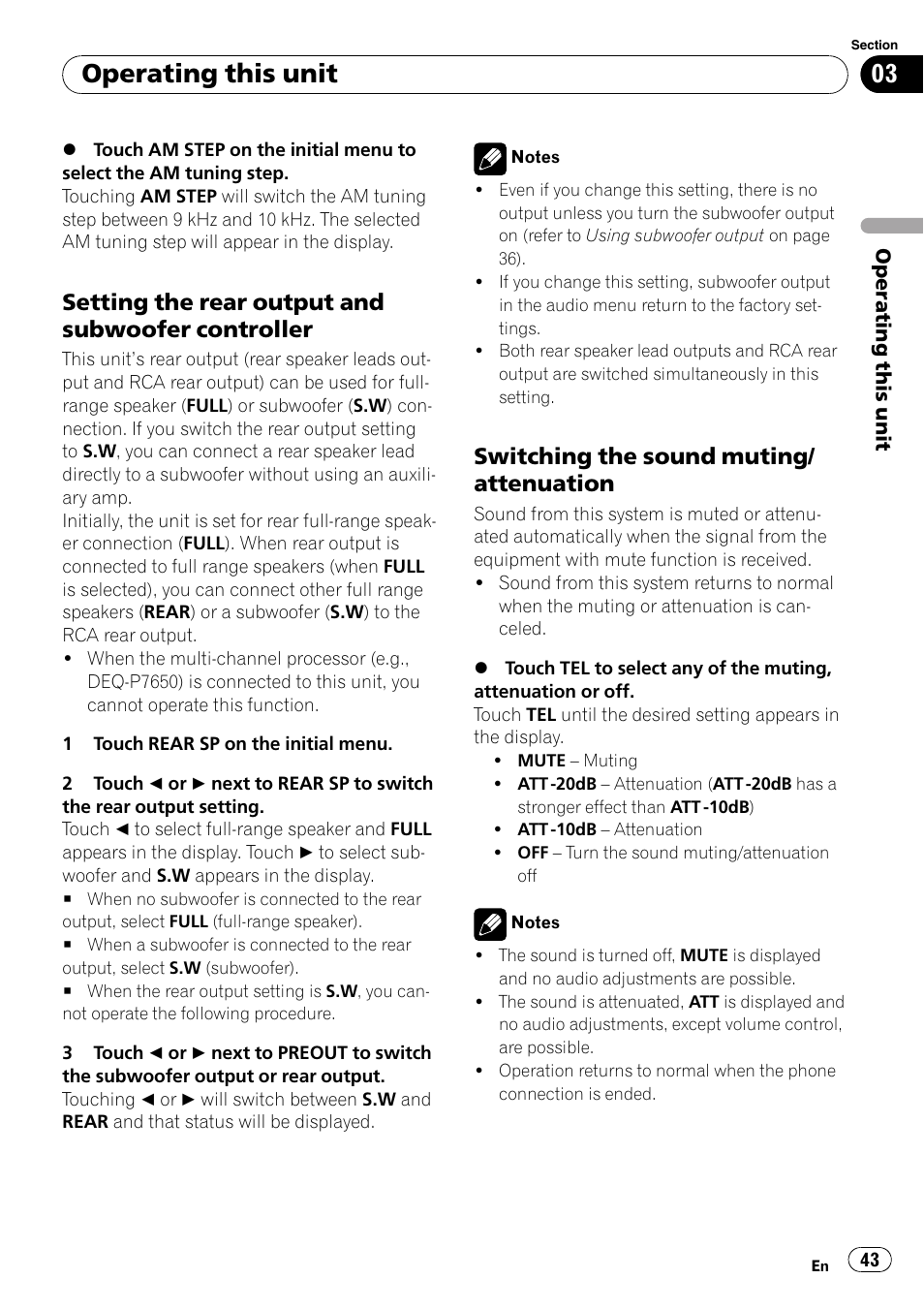 Setting the rear output and subwoofer, Controller, Switching the sound muting | Attenuation, Operating this unit, Setting the rear output and subwoofer controller, Switching the sound muting/ attenuation | Pioneer Super Tuner III D AVH-P4050DVD User Manual | Page 43 / 96