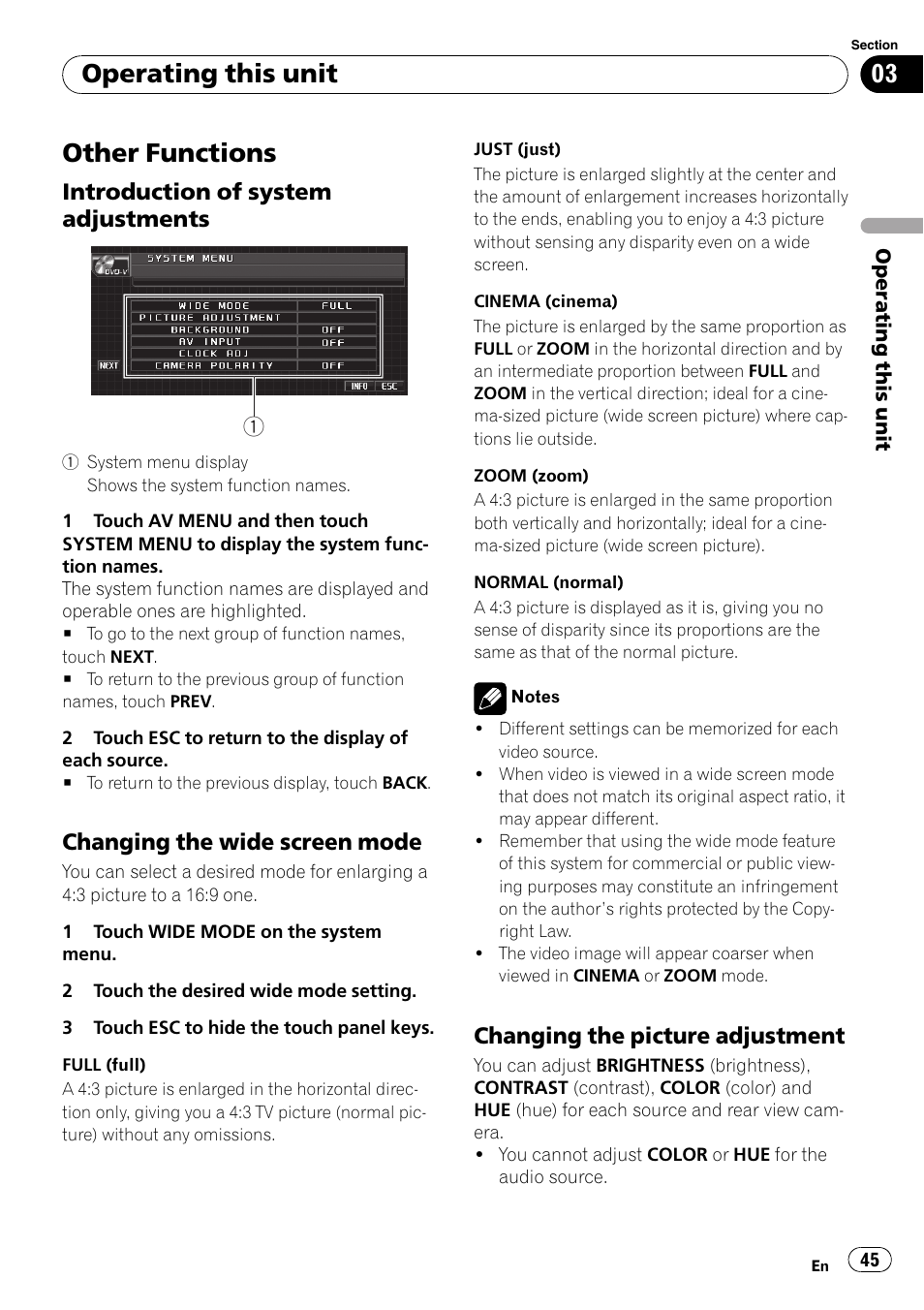 Other functions, Introduction of system, Adjustments | Changing the wide screen mode 45, Changing the picture adjustment 45, Operating this unit, Introduction of system adjustments, Changing the wide screen mode, Changing the picture adjustment | Pioneer Super Tuner III D AVH-P4050DVD User Manual | Page 45 / 96