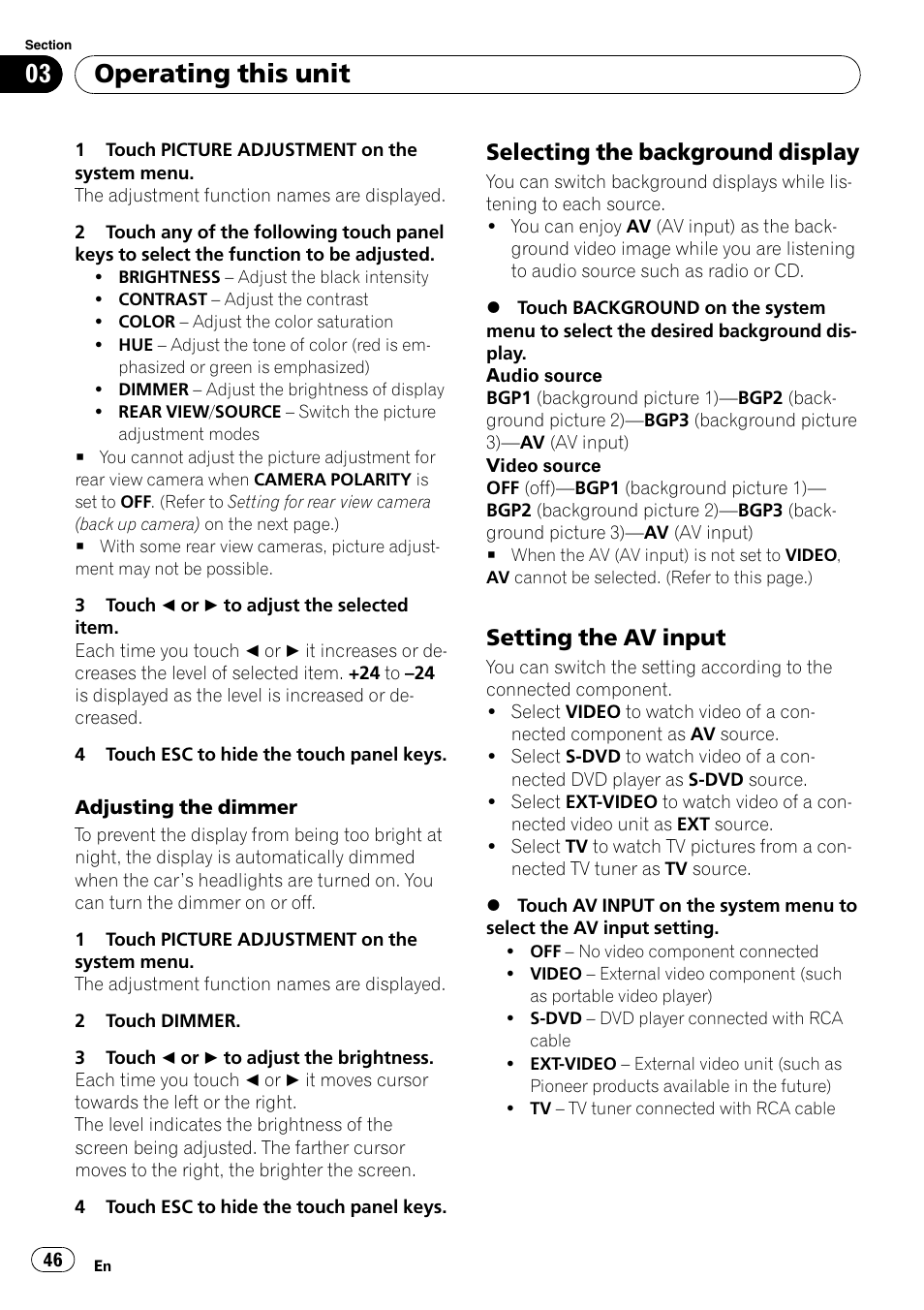 Selecting the background display 46, Setting the av input 46, Operating this unit | Selecting the background display, Setting the av input | Pioneer Super Tuner III D AVH-P4050DVD User Manual | Page 46 / 96
