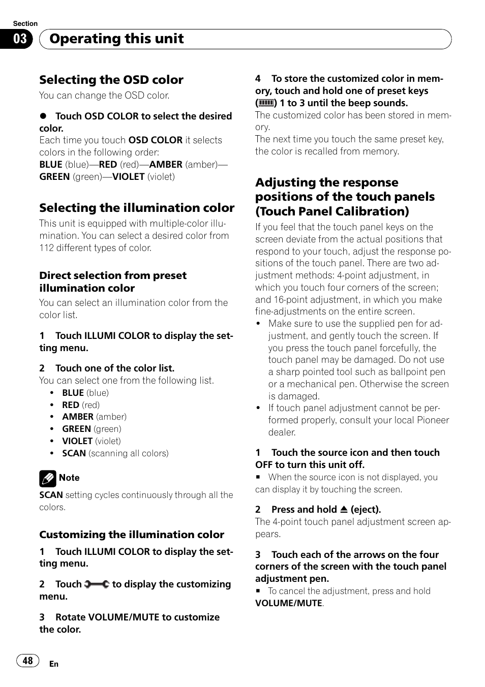 Selecting the osd color 48, Selecting the illumination color 48, Adjusting the response positions of the | Touch panels (touch panel calibration), Operating this unit, Selecting the osd color, Selecting the illumination color | Pioneer Super Tuner III D AVH-P4050DVD User Manual | Page 48 / 96