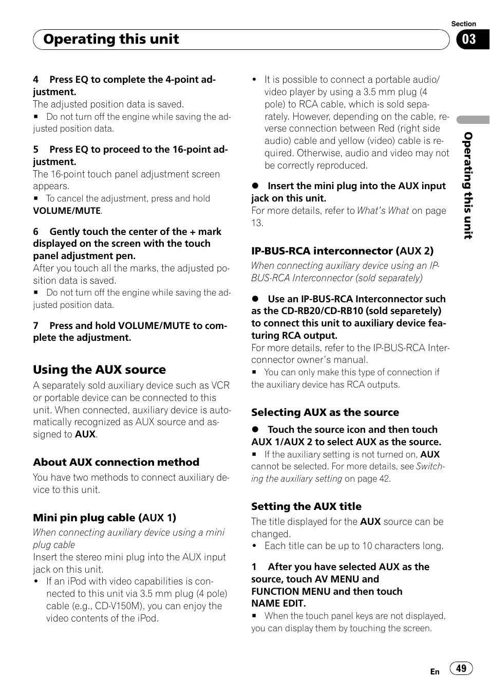 Using the aux source 49, Operating this unit, Using the aux source | Pioneer Super Tuner III D AVH-P4050DVD User Manual | Page 49 / 96