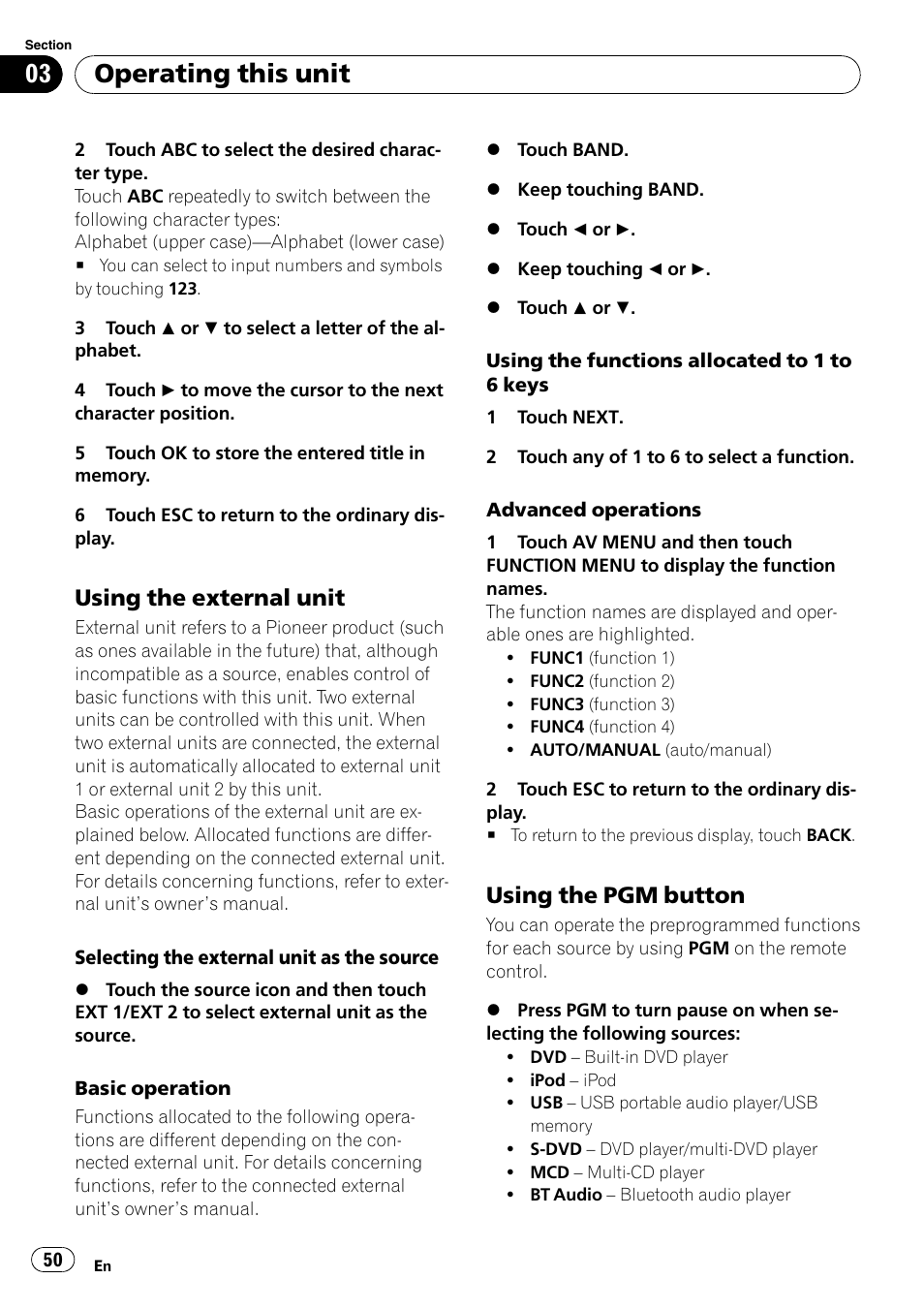 Using the external unit 50, Using the pgm button 50, Operating this unit | Using the external unit, Using the pgm button | Pioneer Super Tuner III D AVH-P4050DVD User Manual | Page 50 / 96