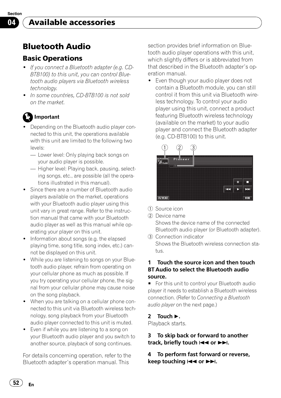 Available accessories bluetooth audio, Basic operations 52, Bluetooth audio | Available accessories, Basic operations | Pioneer Super Tuner III D AVH-P4050DVD User Manual | Page 52 / 96