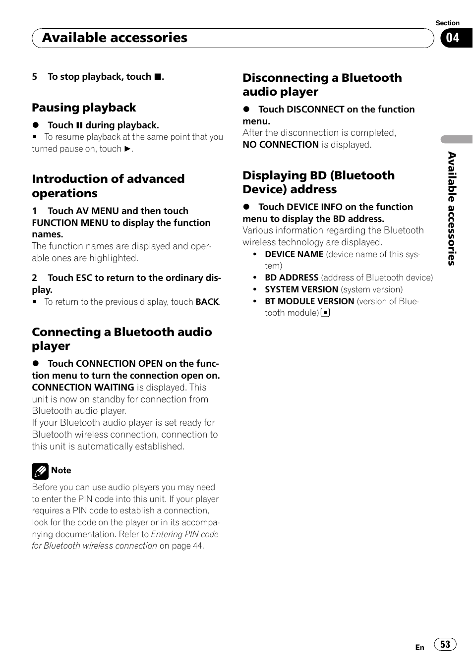 Pausing playback 53, Introduction of advanced, Operations | Connecting a bluetooth audio, Player, Disconnecting a bluetooth audio, Displaying bd (bluetooth device), Address, Available accessories | Pioneer Super Tuner III D AVH-P4050DVD User Manual | Page 53 / 96