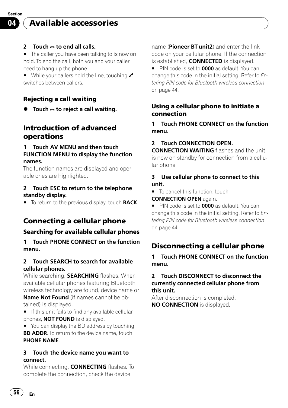 Introduction of advanced, Operations, Connecting a cellular phone 56 | Disconnecting a cellular phone 56, Available accessories, Introduction of advanced operations, Connecting a cellular phone, Disconnecting a cellular phone | Pioneer Super Tuner III D AVH-P4050DVD User Manual | Page 56 / 96