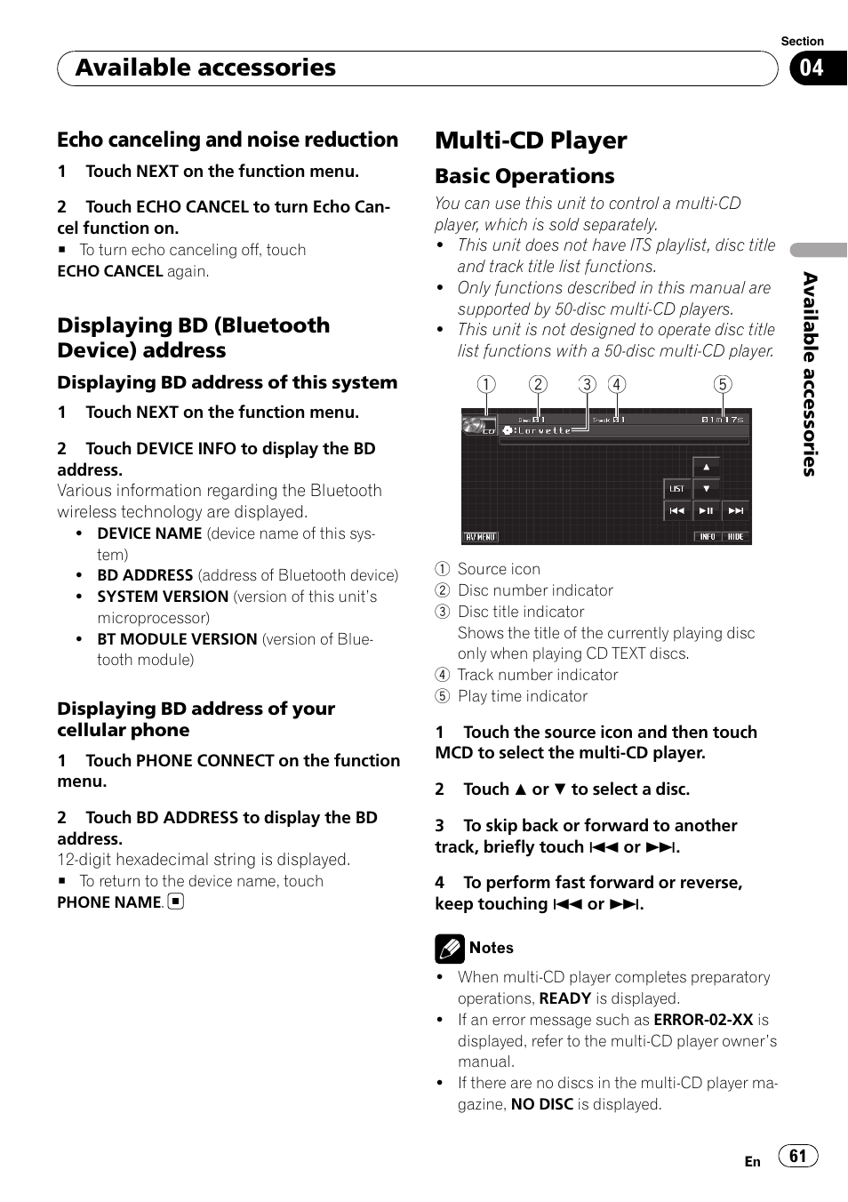Echo canceling and noise, Reduction, Displaying bd (bluetooth device) | Address, Multi-cd player, Basic operations 61, Available accessories | Pioneer Super Tuner III D AVH-P4050DVD User Manual | Page 61 / 96