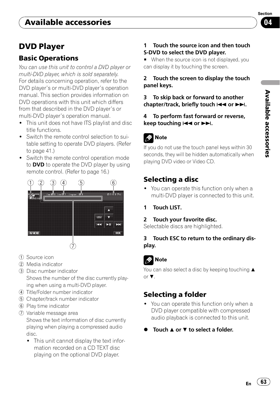 Dvd player, Basic operations 63, Selecting a disc 63 | Selecting a folder 63, Available accessories | Pioneer Super Tuner III D AVH-P4050DVD User Manual | Page 63 / 96