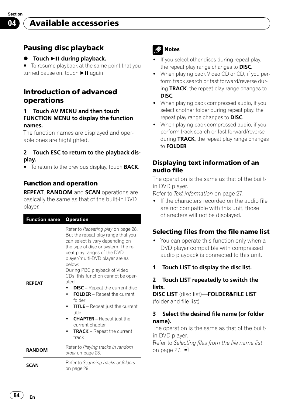 Pausing disc playback 64, Introduction of advanced, Operations | Available accessories, Pausing disc playback, Introduction of advanced operations | Pioneer Super Tuner III D AVH-P4050DVD User Manual | Page 64 / 96