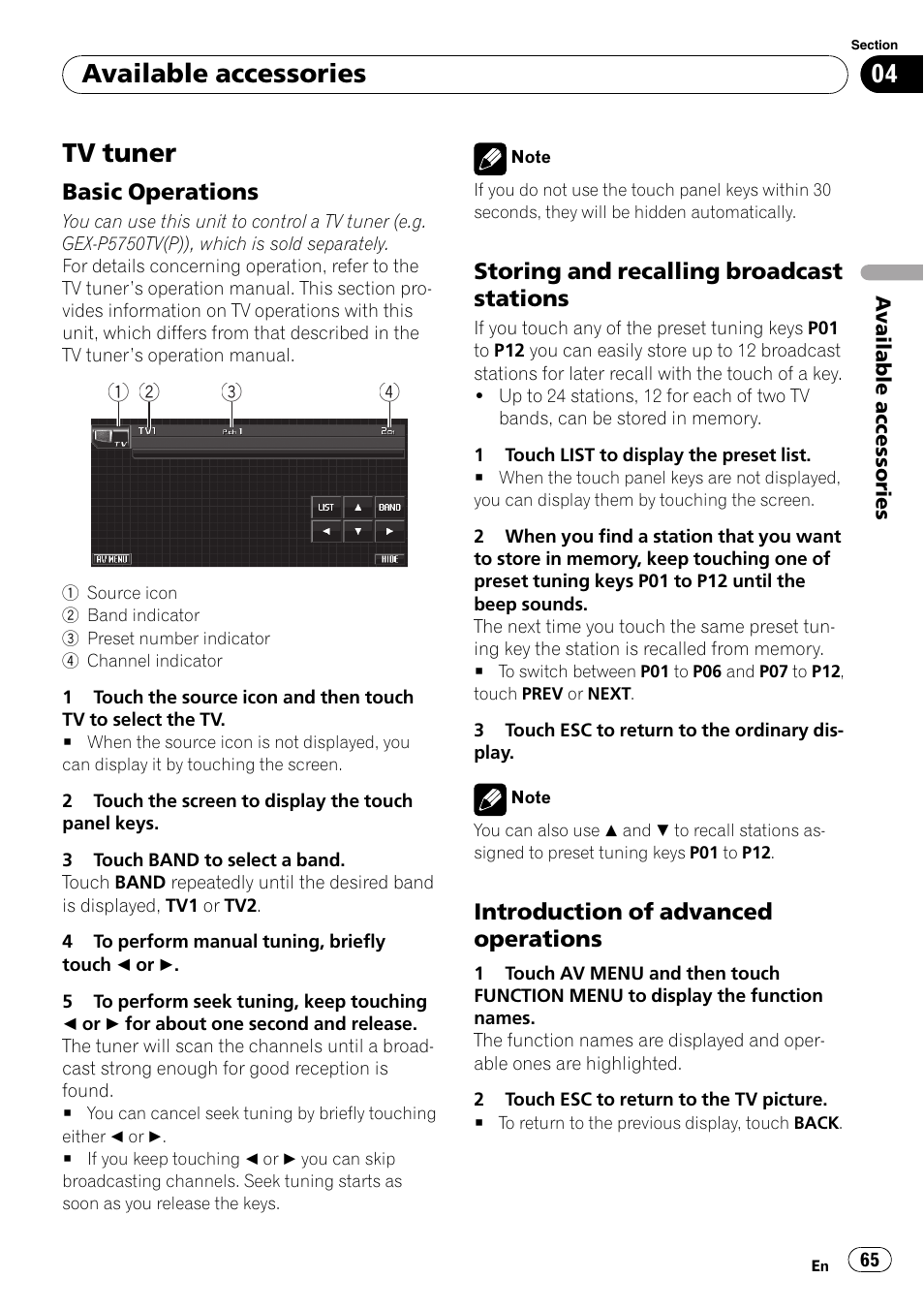 Tv tuner, Basic operations 65, Storing and recalling broadcast | Stations, Introduction of advanced, Operations, Available accessories | Pioneer Super Tuner III D AVH-P4050DVD User Manual | Page 65 / 96