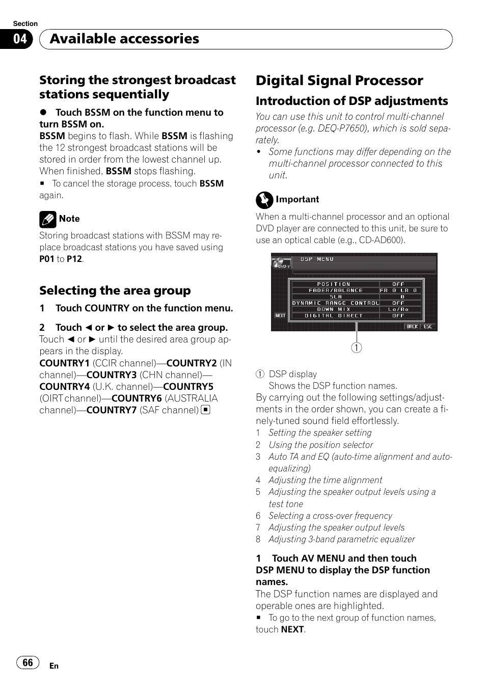 Storing the strongest broadcast, Stations sequentially, Selecting the area group 66 | Digital signal processor, Introduction of dsp adjustments 66, Available accessories, Selecting the area group, Introduction of dsp adjustments | Pioneer Super Tuner III D AVH-P4050DVD User Manual | Page 66 / 96