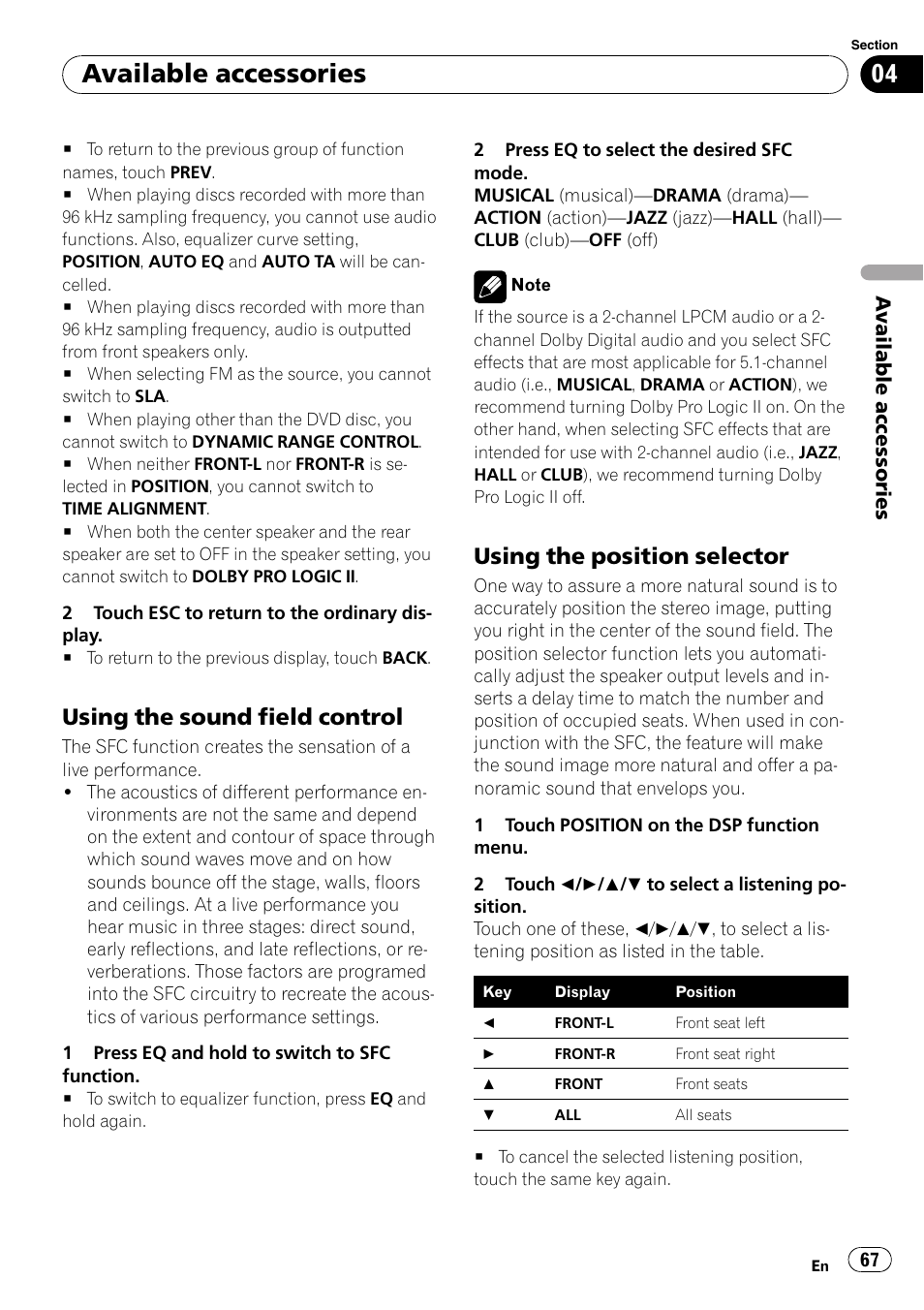 Using the sound field control 67, Using the position selector 67, Using the position selector | Available accessories, Using the sound field control | Pioneer Super Tuner III D AVH-P4050DVD User Manual | Page 67 / 96