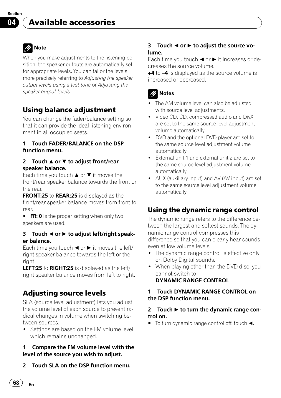 Using balance adjustment 68, Adjusting source levels 68, Using the dynamic range control 68 | Available accessories, Using balance adjustment, Adjusting source levels, Using the dynamic range control | Pioneer Super Tuner III D AVH-P4050DVD User Manual | Page 68 / 96